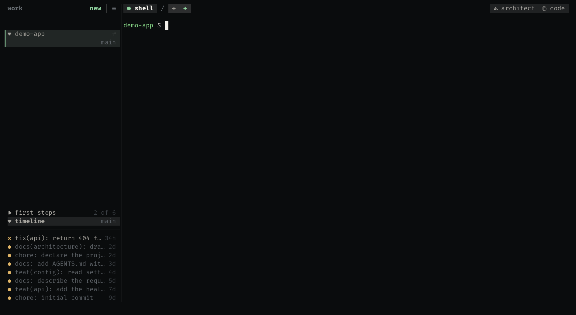 The uze terminal: one project running a Claude Code agent and an OpenCode agent at once, each on its own branch in its own checkout, with the commit timeline of one beside them.